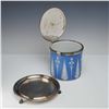 Image 2 : Wedgwood England Blue Jasperware Biscuit Barrel with Inscribed Silver-Plated Lid and Stand