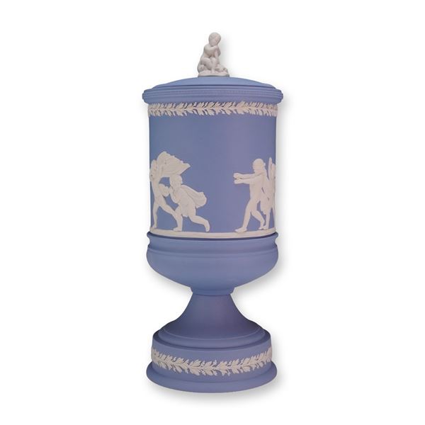 Wedgwood Blue and White Jasperware Lidded Pedestal Jar