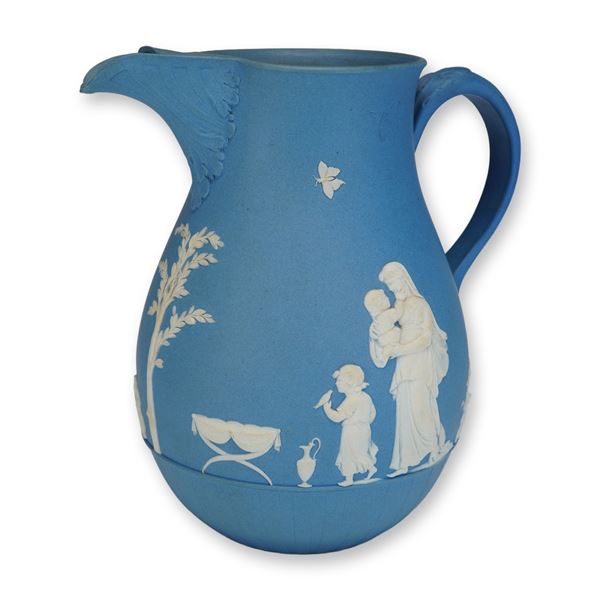 Wedgwood Blue Jasperware Pitcher with Neoclassical Relief Scenes