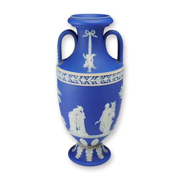 Wedgwood Cobalt Blue and White Jasperware Twin-Handled Apollo and Muses Vase