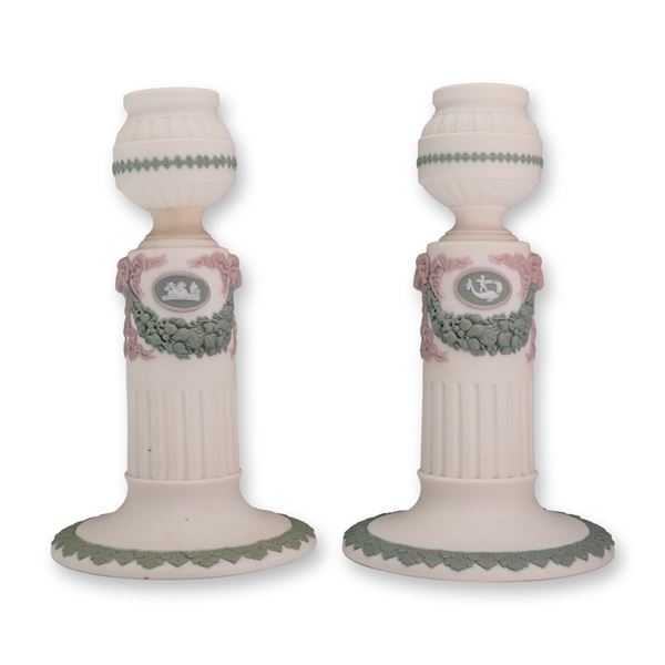 Pair of Wedgwood Tricolor Jasperware Columnar Candlestick Holders