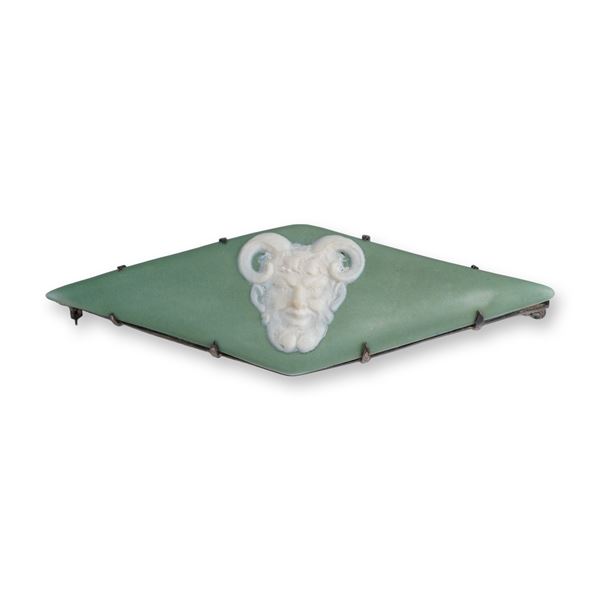 Wedgwood Green Jasperware Satyr Brooch in Silver Plated Frame, circa 1870