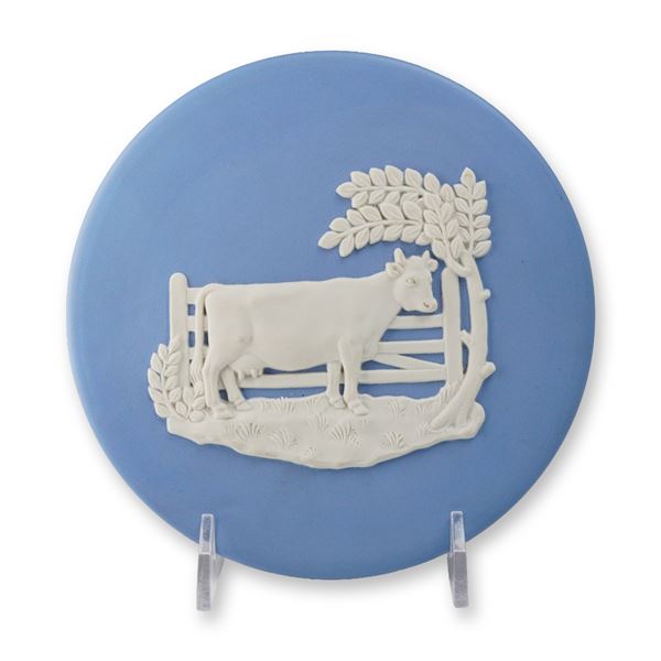 Wedgwood Blue Jasperware Round Cow and Gate Plaque by Eric Owen