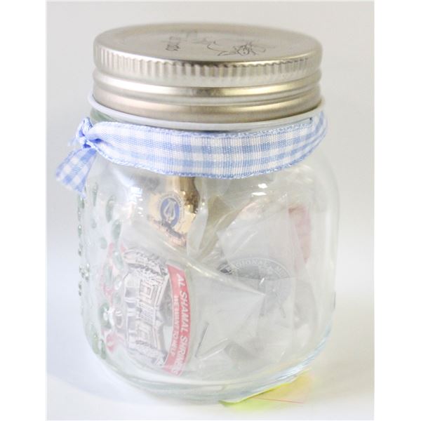 ESTATE GLASS JAR FILLED W/VINTAGE COLLECTOR LAPEL-