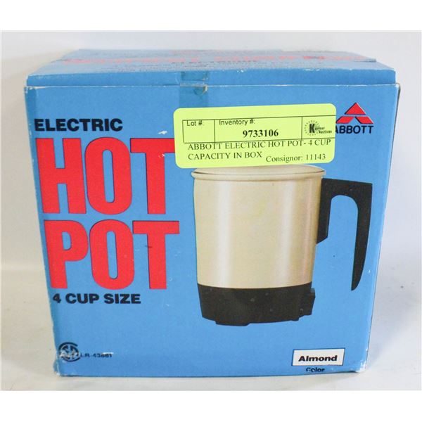 ABBOTT ELECTRIC HOT POT- 4 CUP CAPACITY IN BOX