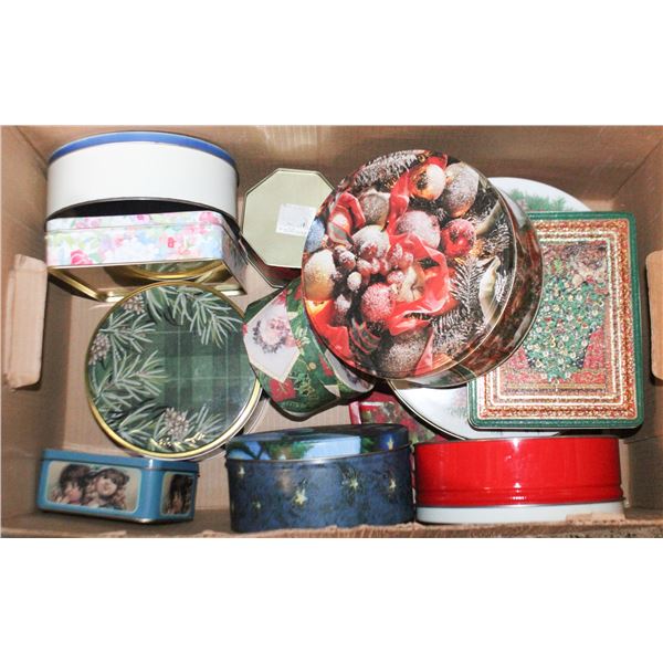 DECORATIVE TINS- BOX LOT ASSORTED