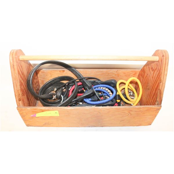 VINTAGE WOODEN TOOL BOX FULL OF BUNGEE CORDS