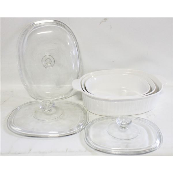 VINTAGE CORNING FRENCH WHITE CASSEROLES- SET OF 3