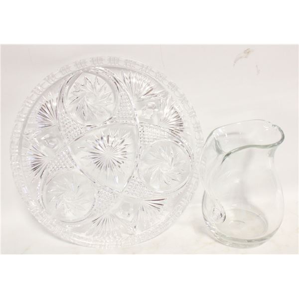 FOOTED PINWHEEL CRYSTAL PLATTER & CRYSTAL PITCHER