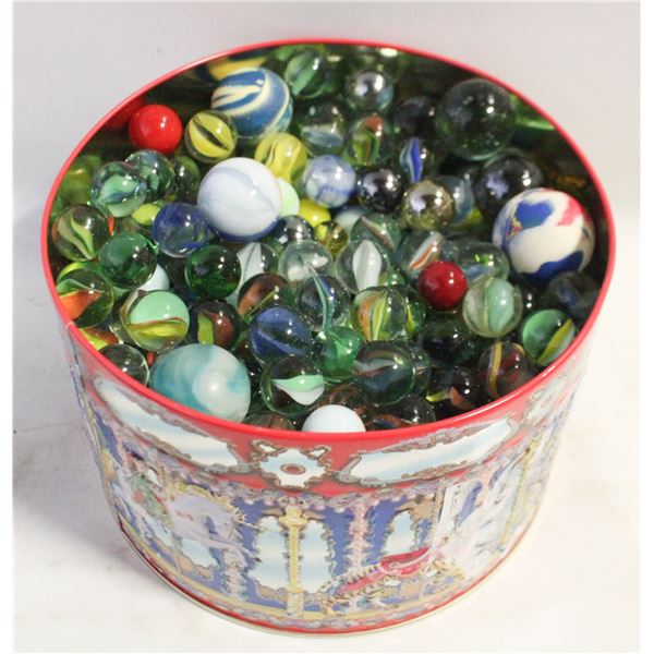 5.5 POUNDS OF MARBLES IN VTG. HERSHEY TIN