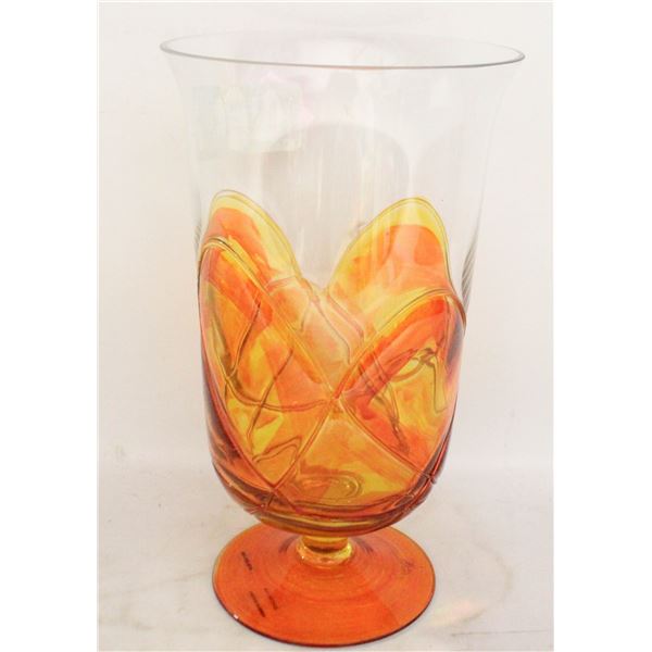 ROMANIA MOUTH BLOWN VASE 8” TALL AMBER