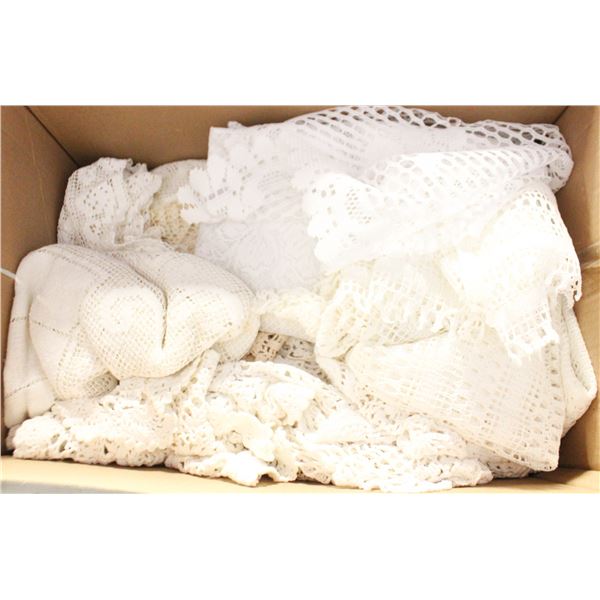 LARGE BOX VINTAGE LACE TABLE CLOTHS & MORE