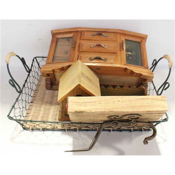 LOT OF WOOD ESTATE ITEMS INCL. SHELF JEWELRY BOX