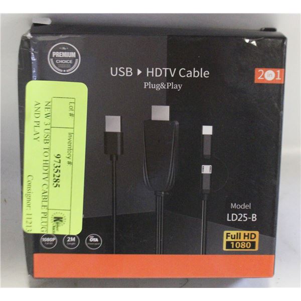 NEW 3 USB TO HDTV CABLE PLUG AND PLAY