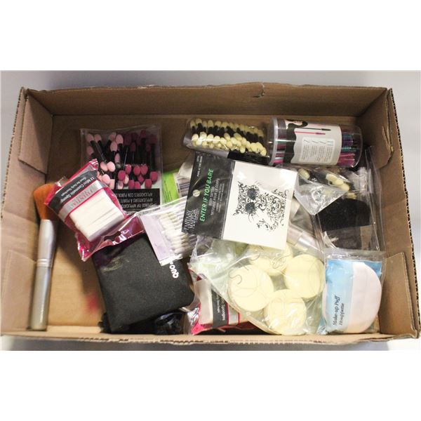 FLAT OF NEW MAKEUP BRUSHES AND PADS ETC