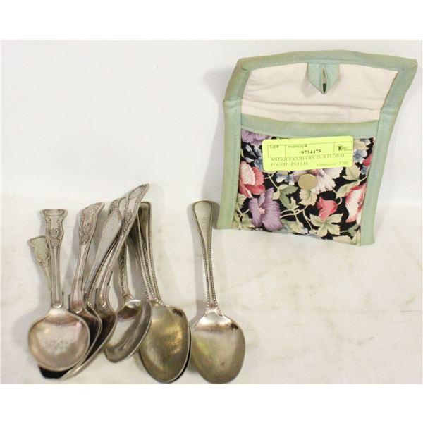 ANTIQUE CUTLERY IN A FLORAL POUCH - ESTATE