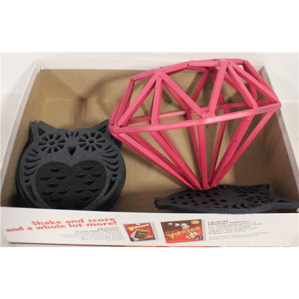 PINK METAL DECOR AND OWL COASTERS