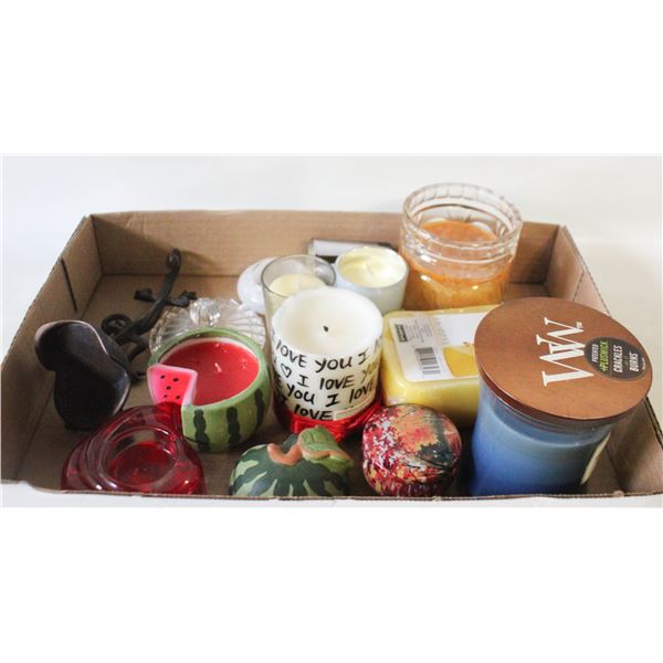FLAT OF CANDLES AND CANDLE HOLDERS