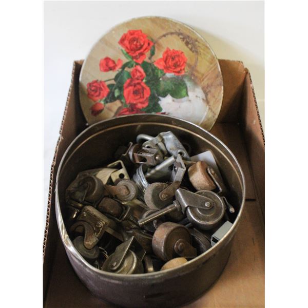 VINTAGE RED ROSE TIN CAN CASTORS & HARDWARE
