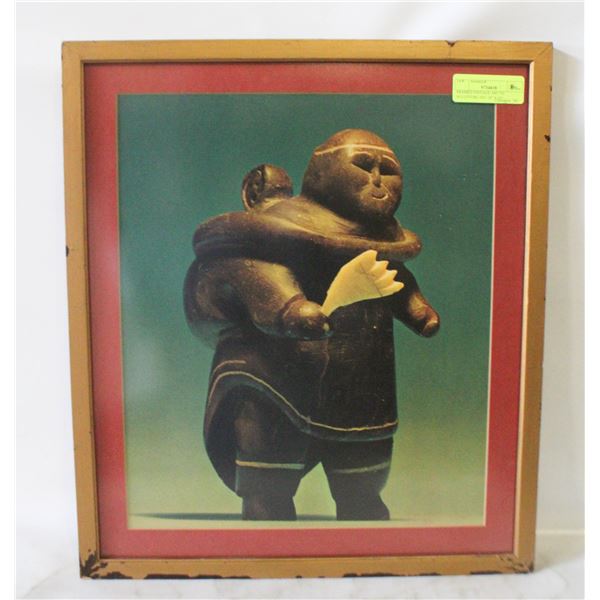 FRAMED VINTAGE ARCTIC SCULPTURE ART 18" X 20"