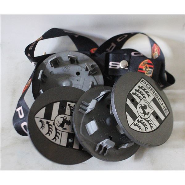 4 AUTHENTIC PORSCHE CENTRE CAPS AND LANYARD