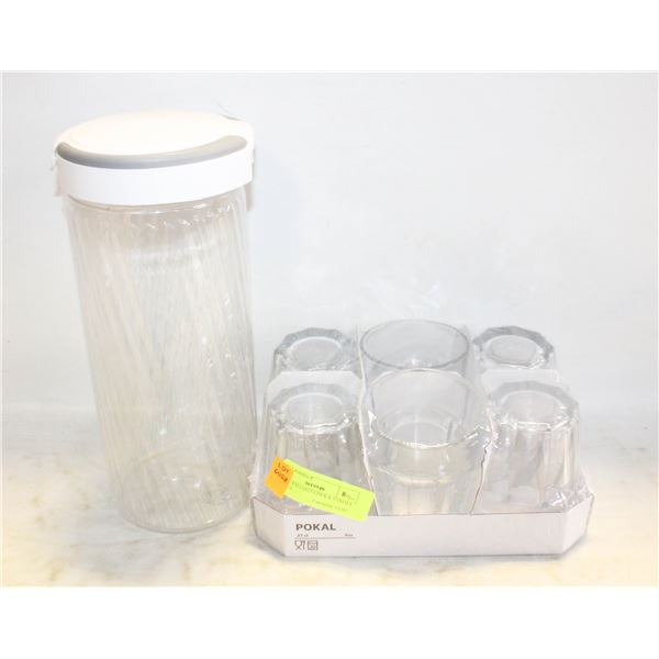 SPAGHETTI CONTAINER & 6 SMALL GLASSES