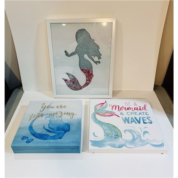 3 MERMAID WALL ART DECOR SET FRAMED & CANVAS