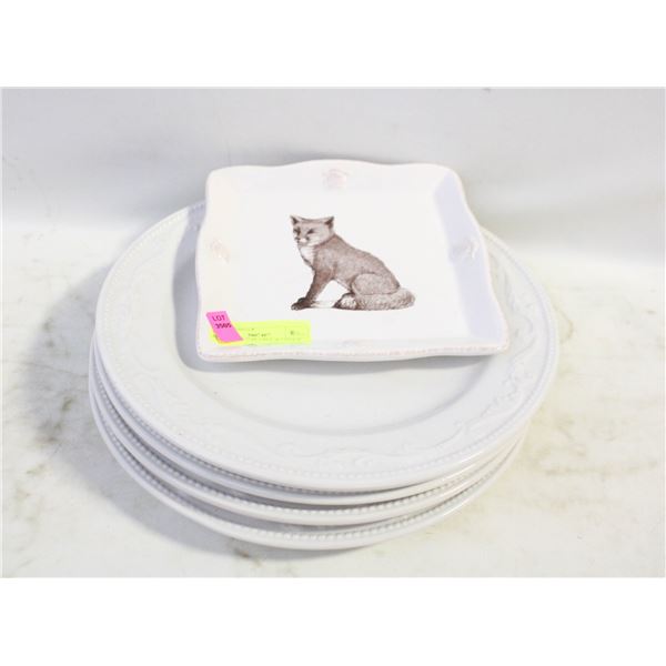 4 CERAMIC 12" PLATES, & 1 FOX 8" PLATE