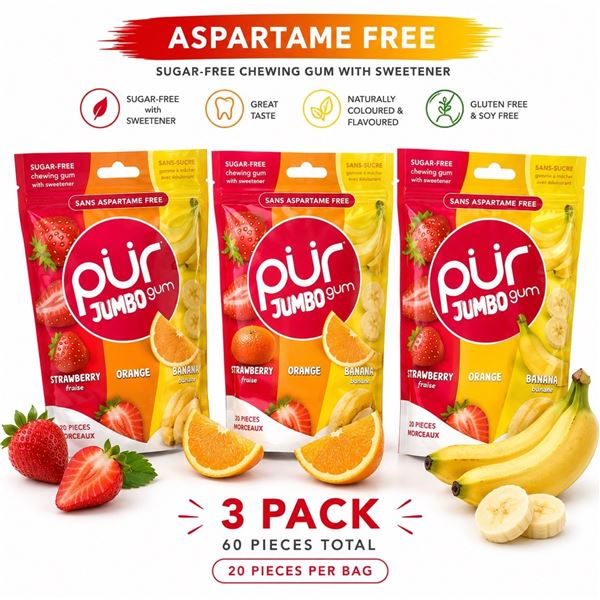 3 PUR JUMBO GUM STRAWBERRY ORANGE BANANA 81G