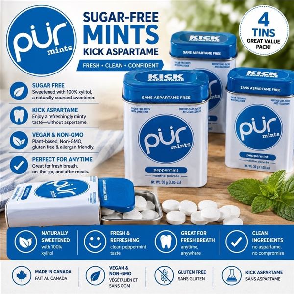 4 PUR SUGAR FREE PEPPERMINT MINTS 30G