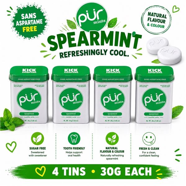 4 PUR SPEARMINT MINTS TINS ASPARTAME FREE 30G