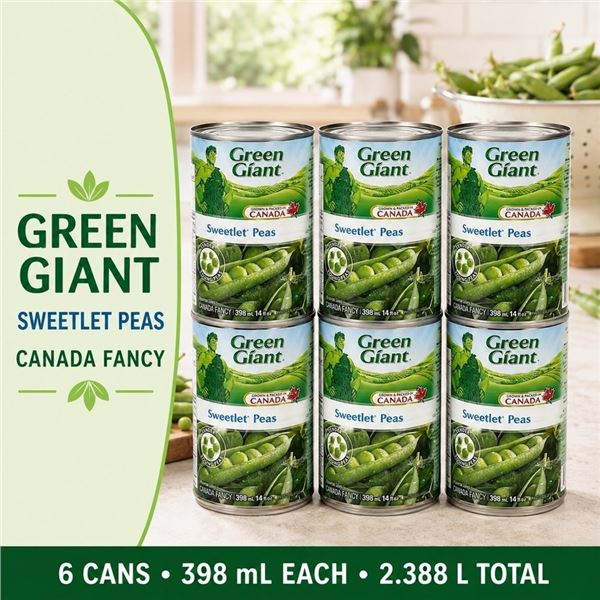 6 GREEN GIANT SWEETLET PEAS 398ML BB 08/28