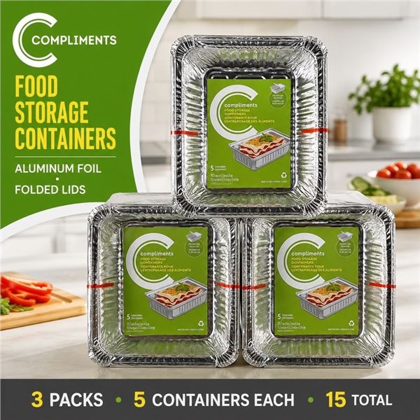 3PKS X 5 COMPLIMENTS FOIL PANS+LIDS SET 1.7X5.5X8"