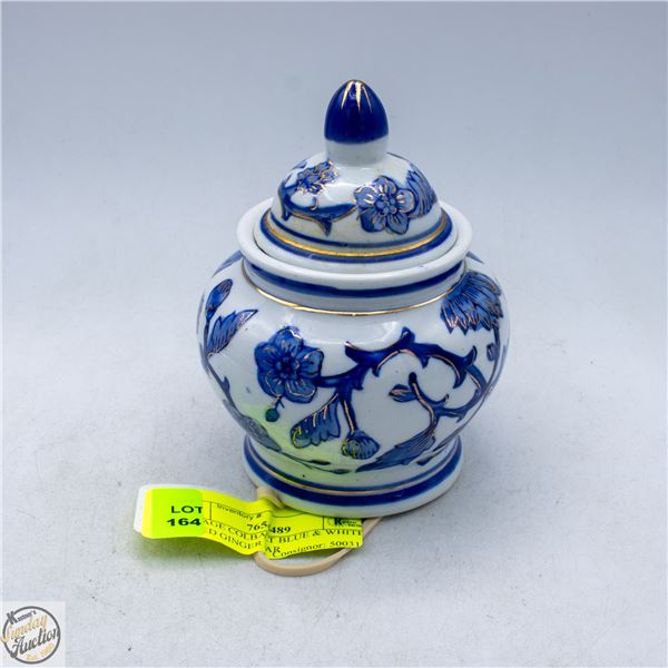 VINTAGE COBALT BLUE & WHITE GILDED GINGER JAR