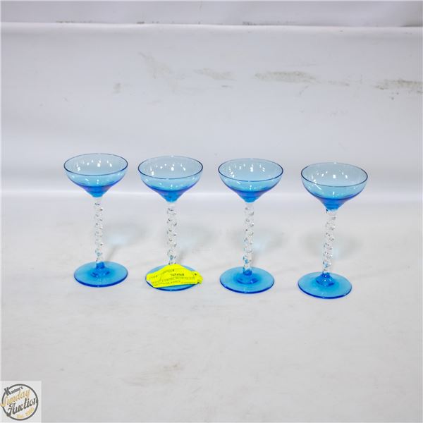 SET OF 4 SWIRL BLUE GLASS MARTINI GLASSES