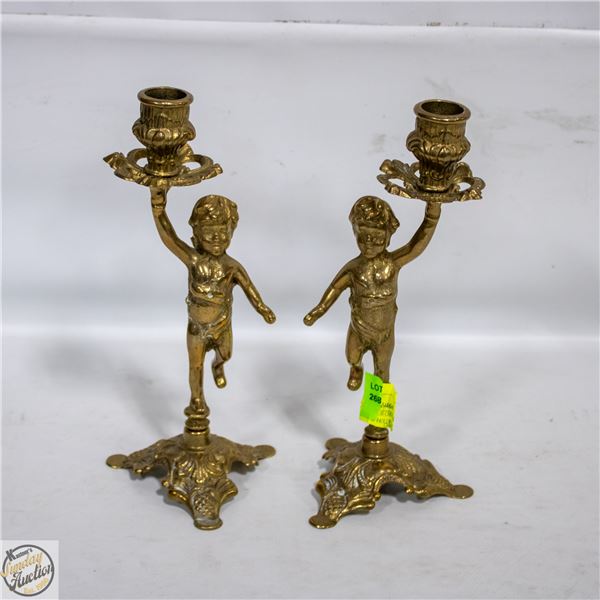2 VINTAGE BRASS CHERUBE CANDLE STICK HOLDERS