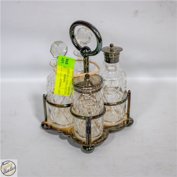 VINTAGE 4 PIECE CUT GLASS CRUET SET EPNS