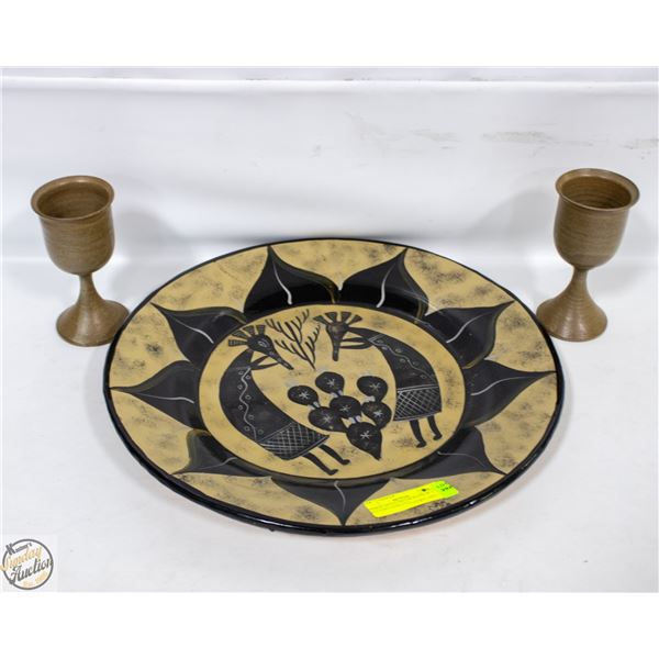 TRIBAL STYLE DECOR PLATE W/ 2 POTTERY GOBLETS