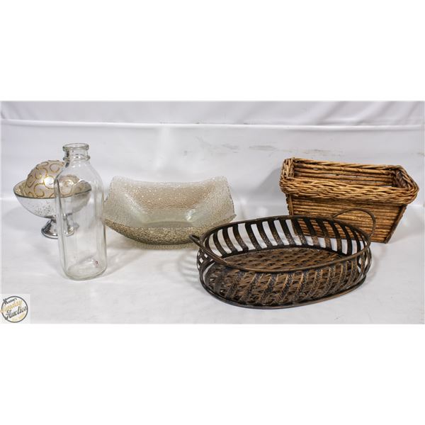 GLASS SQUARE BOWL, WOVEN BASKET, WICKER TRAY ETC
