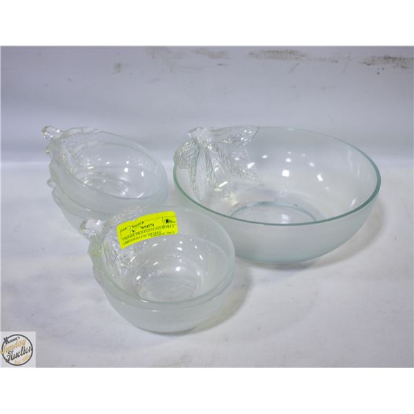VINTAGE FROSTED GLASS BOWLS EMBOSSED LEAF HANDLE