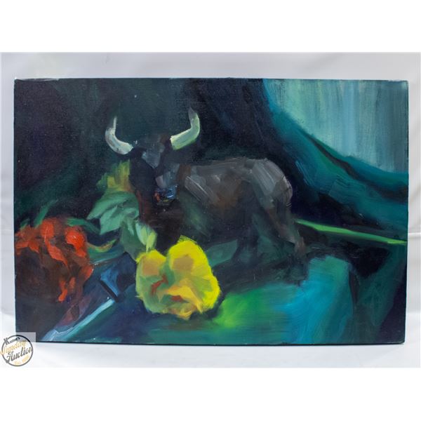 STILL LIFE WITH BULL AND FLOWERS BY HILARY MUSSEL