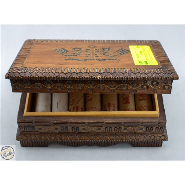 ESTATE VINTAGE COPPER PENNIES IN CARVED WOOD BOX
