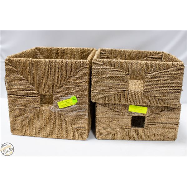 3 BROWN WEAVE STORAGE BASKETS,LARGE + 2 MEDIUM SZ