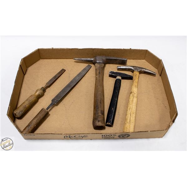 LOT OF VINTAGE WOOD HANDLE TOOLS- VARIOUS HAMMERS,