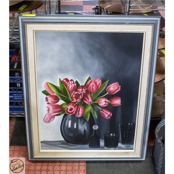 FLORAL OIL PAINTING PINK TULIPS IN BLACK VASE