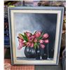 Image 1 : FLORAL OIL PAINTING PINK TULIPS IN BLACK VASE
