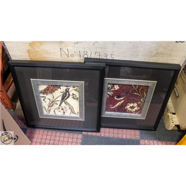 2 LARGE FRAMED PRINTS; CRIMSON SONG BIRD #1& 3