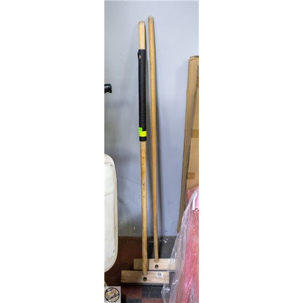 TWO DECK BROOMS WITH SQUEEGEES