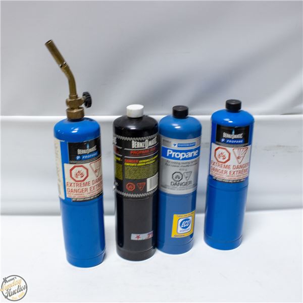 LOT OF SMALL PROPANE BOTTLES WITH TORCH