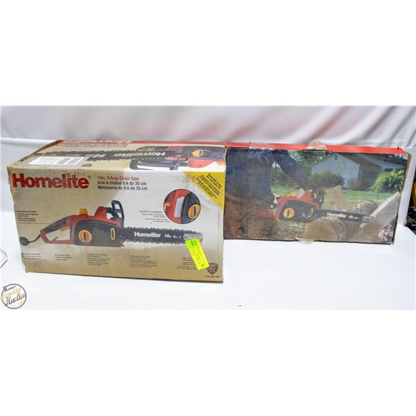 14 IN HOMELITE CHAIN SAW-BOX IS DAMAGED/OIL SOAKED